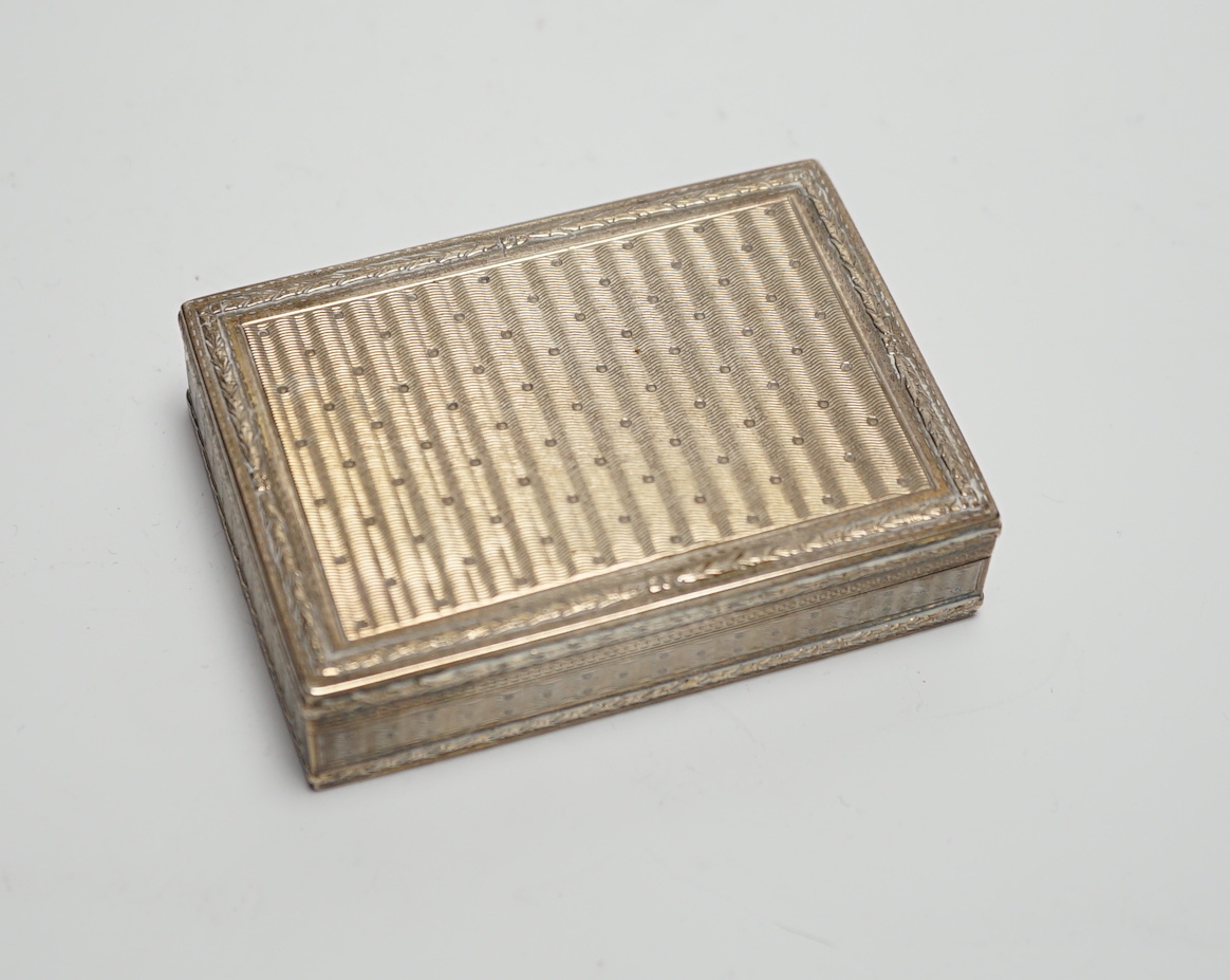 A late 19th century continental engine turned silver rectangular snuff box, import marks for Edwin Thompson Bryant, London, 1897, 78mm.